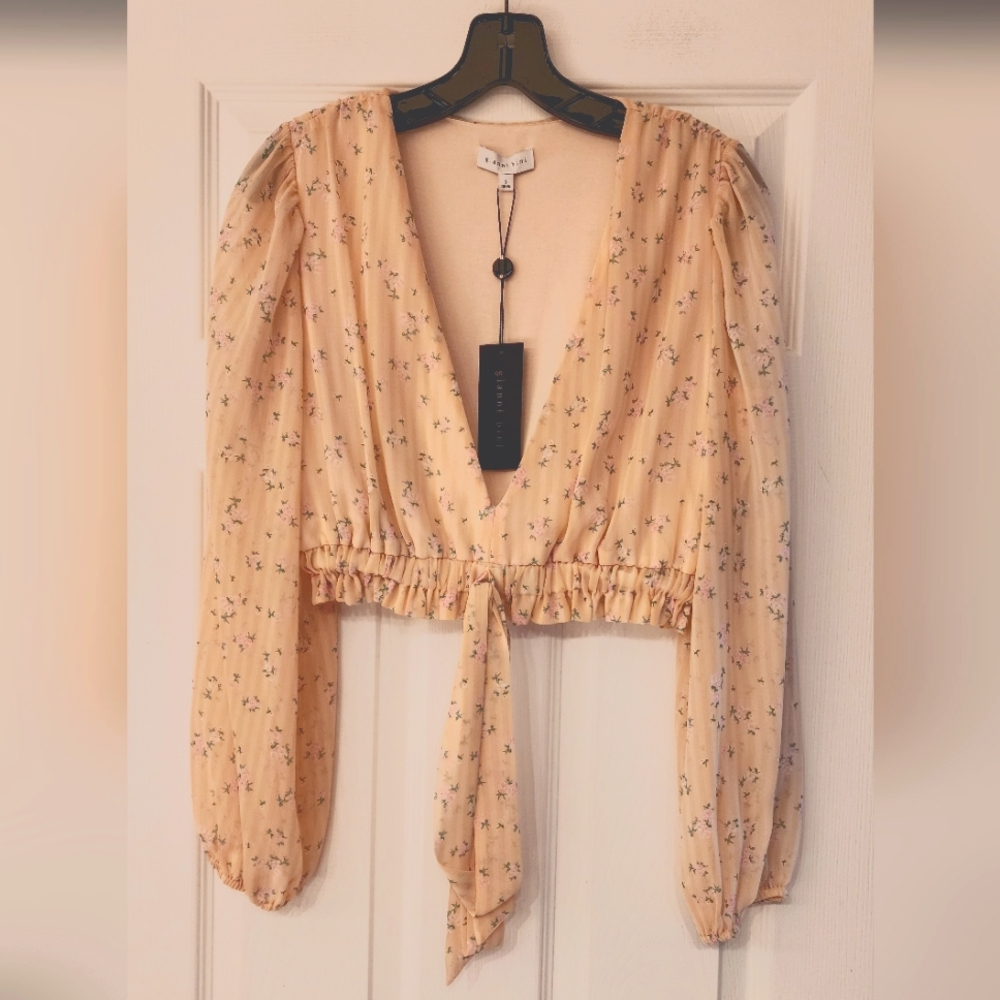 GIANNI Bini Woven Bailey Floral Chiffon Top Front Tie And Plunge V-neck Sz Small - Picture 2 of 9